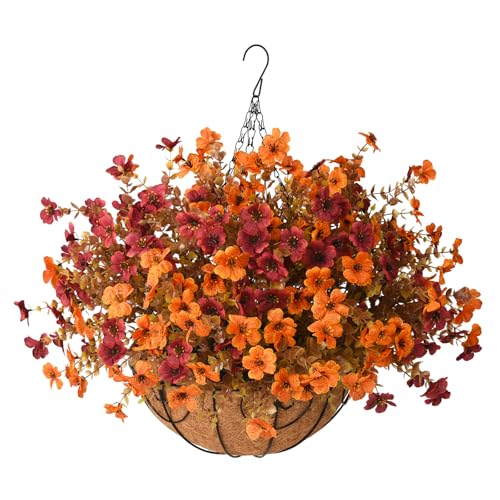ZFProcess Artificial Fake Fall Hanging Plants Flowers Basket, Faux Silk Daisy in Planter Realistic UV Resistant for Outside Home Patio Balcony Yard Autumn Outdoor Decoration (Orange Brown) - color: Orange Brown