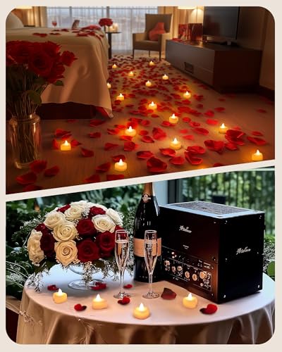 Amagic 1000 Pieces Artificial Rose Petals with 12 Heart LED Tea Lights Candles Kit, Rose Petals and Candles Set for Proposal, Anniversary, Valentine's Day, Special Romantic Night, Wedding Table Decor - color: 12 Pcs White Candles + 1000 Pcs Red-Black Peta