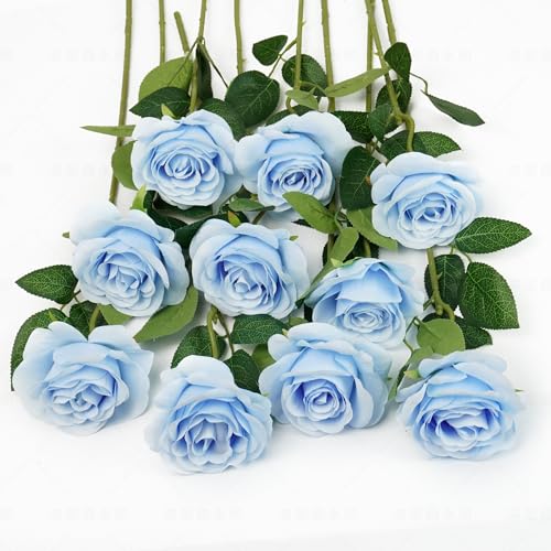 10pcs Sky Blue Silk Roses Artificial Rose Flowers Long Stem for DIY Wedding Bouquet Table Centerpiece Home Décor - color: Sky Blue