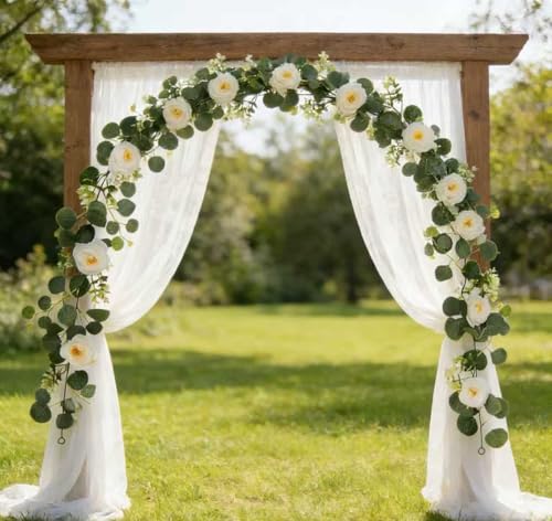 Greenery Garland with White Roses 2Pack: 5.9Ft Artificial Vines Hanging Eucalyptus Leaves for Wedding Arch Swag Backdrop Doorways Table Runner - size: 2pack-Rose