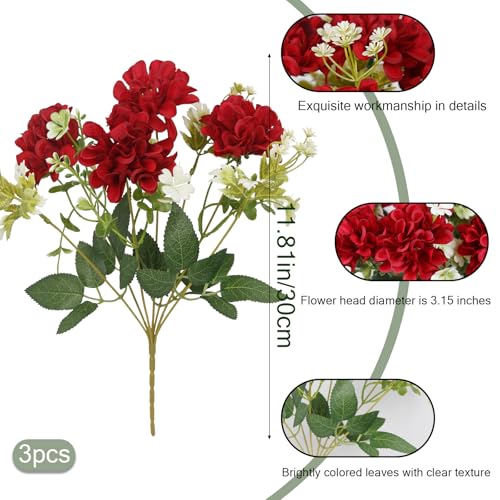 3 Pcs Silk Cemetery Flowers Artificial Geraniums for Outdoors UV Resistant Dark Red Artificial Topiary Potted Faux Flowers for Planters Outdoor Hanging Front Porch Garden Patio Grave Decor - color: Dark Red