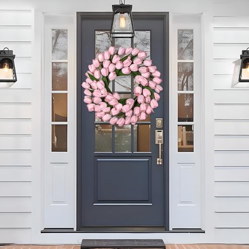 24 Inch Tulip Summer Wreath for Front Door Spring Silk Wreath with Green Leaves Artificial Tulip Flower Wreaths for All Seasons Farmhouse Porch Wall Living Room Home Widding Decor-Pink - color: Pink