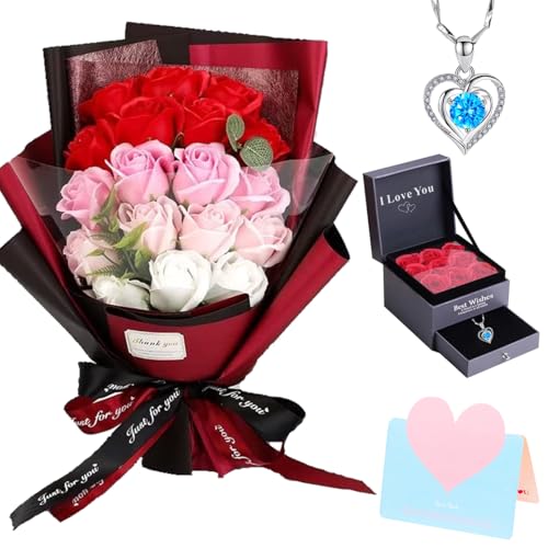 Roses Bouquet Artificial Flower - Preserved Red Rose Flowers with Love Necklace for Her Unique Gift for Birthday, Valentine's Day, Mother's Day, Thanksgiving, Christmas, Anniversary (Pink and Red) - color: Pink and Red