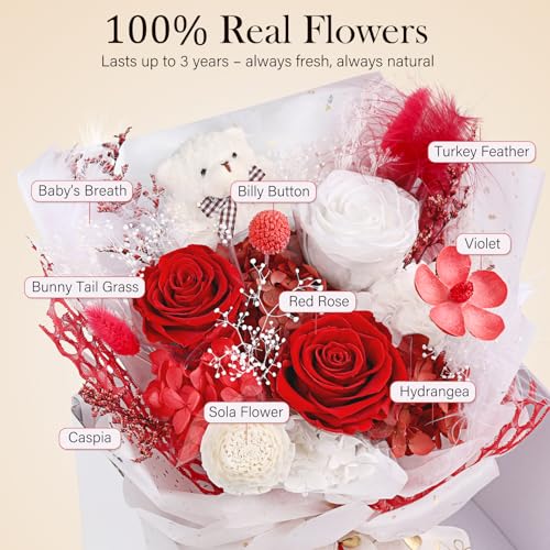 Preserved Flowers Bouquet with Bear, 3 Real Forever Flowers for Delivery, Long-Lasting Red Eteranl Roses Bouquet, Anniversary Birthday Gifts for Women Mom Her Girlfriend Wife - color: Red