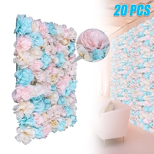 12 Pcs Artificial Flowers Decoration, Floral Background Walls Artificial Flowers Wall Panels, 23.62" X 15.74" Silk Rose Rayon Flower Wall Mat Backdrop for Wedding Party Event Decor - color: Blue