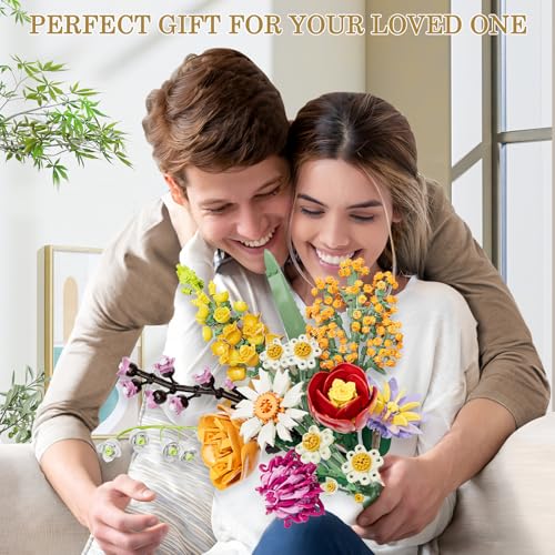 Flowers Bouquet Building Set, 1070PCS Wildflower Botanical Collection, Artificial Plant Flower Kit Toy for Adults Kids Women Her, Home Decor Gift for Birthday, Christmas, Valentines(No Vase)