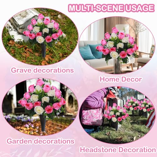 Lodou Set of 2 Artificial Cemetery Flowers, Memorial Flowers Bouquet,Grave Memorial Flowers with Vase for Cemetery Headstones Decoration (Pink White) - color: Pink White