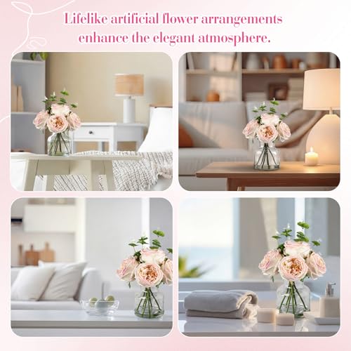Norme Real to Touch Penoies Artificial Flowers, 6 Pcs Faux Austin Rose in Vase with Big Bloom and Fake Water Real Latex Petals for Wedding Dining Table Centerpiece Home Decor(Light Pink) - color: Light Pink
