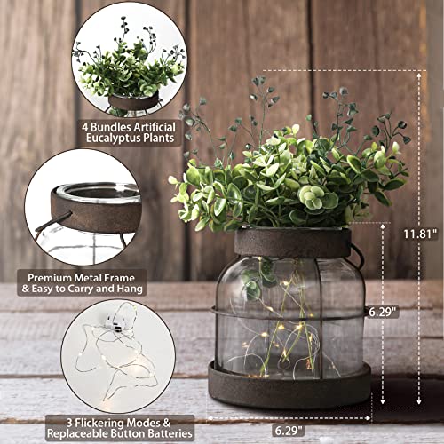 Vintage Glass Farmhouse Vase, Rustic Lantern Decor with Plants Flowers Lights Vintage Style Vases for Home Decor Floral Arrangement Hostess Gift - color: Vase+greenery+light