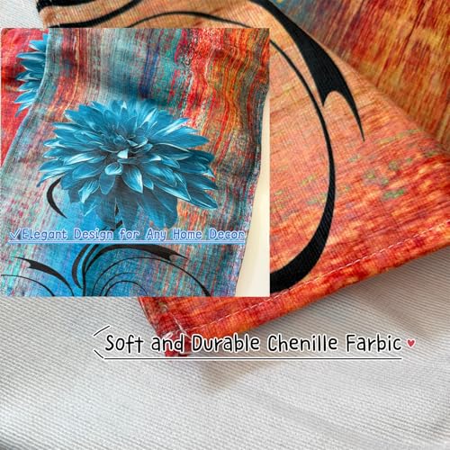 OYIMUA Soft Thick Chenille Teal and Grey Table Runner 72 Inches Long Vintage Abstract Painting Flowers Spring Summer Rustic Dining Table Decorations for Home Indoor Outdoor - size: 13" x 72", Table Runner, style: Teal