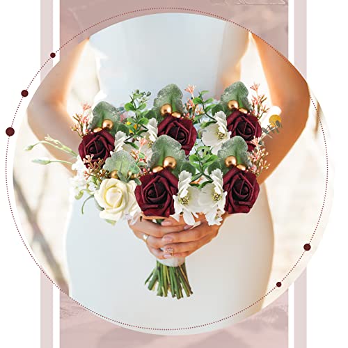 Canlierr 6 Pcs Rose Boutonniere for Men with Pins Wedding Groom and Groomsmen Corsage Artificial Flowers for Vintage Wedding Anniversary Dinner Party Prom Suit Decorations (Wine Red,Creamy White) - color: Wine Red, Creamy White
