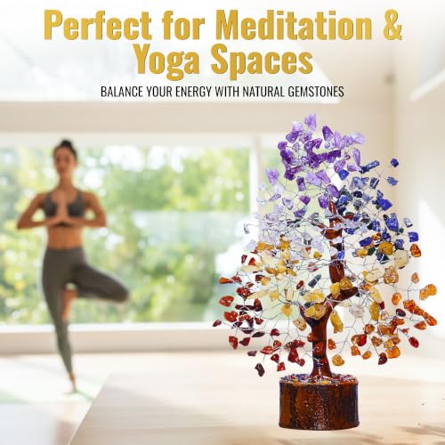 7 Chakra Crystal Tree of Life 10-12 Inch | 300 Natural Gemstone Beads | Healing Crystal Tree with Chakra Bracelet & Pendant | Money Tree, Positive Energy, Good Luck | Birthday Gift for Women - color: Seven Chakra Silver Wire Set (300 Beads)