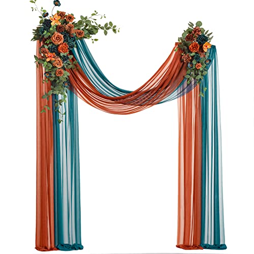 Ling's Moment Teal Orange Artificial Wedding Arch Flowers Kit Pack of 4, 2pcs Hanging Flower Arrangement 2pcs Chiffon Drapes Ceremony Reception Fake Rose Arbor Backdrop Floral Party Outdoor Decoration - color: Or-dark Teal & Burnt Orange