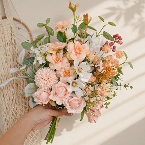 17-inch Artificial Fake Faux Flowers Silk Flower Arrangements Bouquets with Red Berries, Cosmos, Snow Cherry, Chinese Rose, Dandelions, Baby's Breaths, Eucalyptus, Peony, Roses - color: Peach Reverie