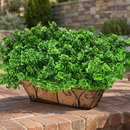 Artificial Fake Outdoor Plants for Spring Summer Decoration, 12 Bundles Fake Plastic Roses UV Resistant Look Real Faux Plants for Planter Outside Front Door Porch Patio Balcony Garden Indoor Yard Urn - color: Roses-green