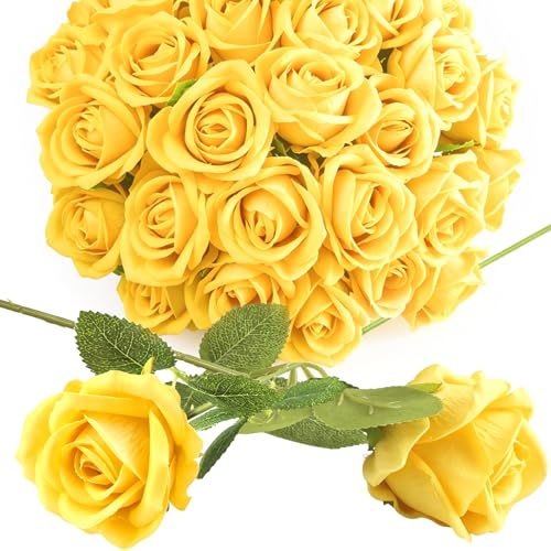 Rose Artificial Flowers Velvet Bouquet with Long Stem Real Touch Fake Roses Florals for Bridal Wedding Bouquet Party Arrangement Centerpiece Decorations (36, Yellow) - color: Yellow