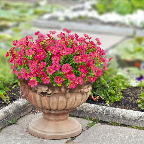 LikSoor 16 Bundles Artificial Flowers Outdoor Spring Summer Decoration Fake Silk Colorful Daisy Eucalyptus Realistic UV Resistant Outside Faux Plants for Garden Porch Window Box Home Decor (Rose Red) - color: Rose Red
