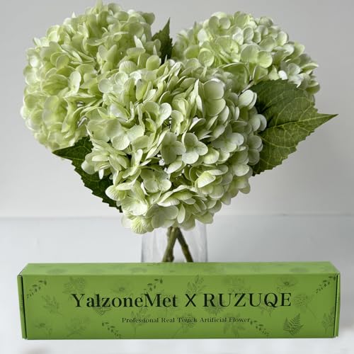 YalzoneMet RUZUQE Light Green Hydrangea Artificial Flowers, 3 Pcs Lifelike Real Touch Latex Hydrangea Fake Flowers, 21 inch Faux Green Flower for Home Wedding Decor Flower Arrangement - color: Light Green