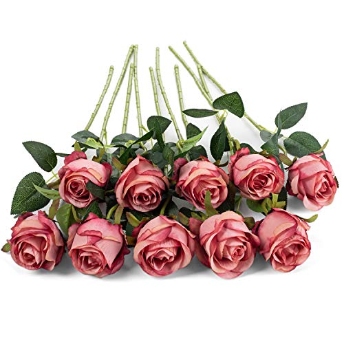 10pcs Artificial Rose Flowers Long Stem Fake Silk Roses for DIY Wedding Bouquet Table Centerpiece Home Decor (Rose Red) - color: Rose Red