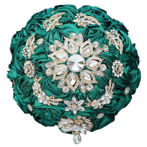 8.7in Dark Green Bridal Wedding Bouquet Handmade with Luxury Gold Rhinestone Brooch for Bride Bridesmaid Quinceanera Satin Rose Bouquet Flower Wedding Dark Green - color: Dark Green, size: Large (DIA. 8.7"/22cm)