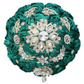 8.7in Dark Green Bridal Wedding Bouquet Handmade with Luxury Gold Rhinestone Brooch for Bride Bridesmaid Quinceanera Satin Rose Bouquet Flower Wedding Dark Green - color: Dark Green, size: Large (DIA. 8.7"/22cm)