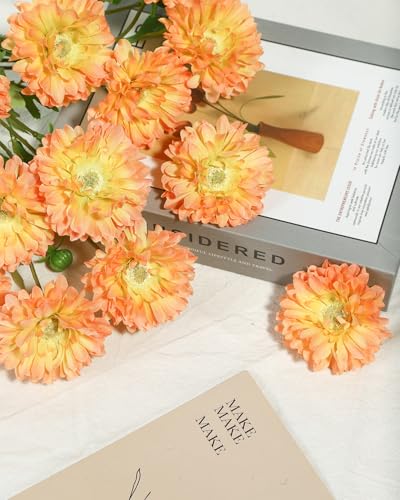 Coferset 6pcs Artificial Silk Mums Flowers Realistic Chrysanthemum Stems 22" Fake Gerbera Daisy for DIY Bouquet Centerpieces Floral Arrangements Vase Fillers Wedding Shower Decorations(Orange) - color: Orange