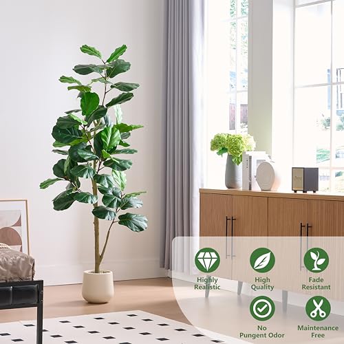 Artificial Fiddle Leaf Fig Tree 7FT, Large Realistic Faux Ficus Lyrata Plant with Pot Large Faux Plant for Indoor Outdoor Home, Office, Living Room, Bathroom Decor - color: White, size: 7 FT
