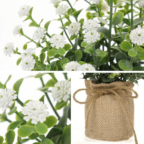 Artificial Mini Potted Flowers Set of 3, Faux Baby’s Breath Plant with Burlap Pot, Small Fake Greenery Desk Decor for Home Office Shelf Table Centerpiece, Rustic Farmhouse Wedding Spring Decorations - color: White-burlap