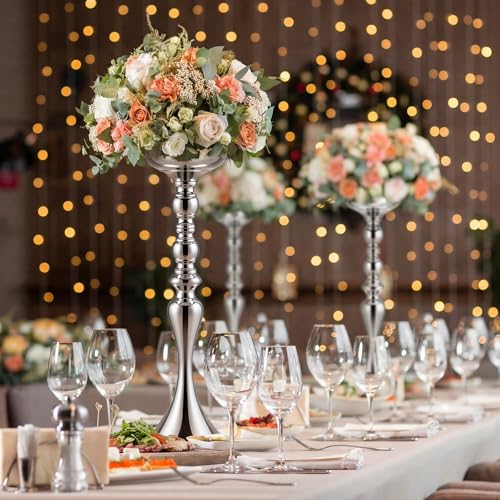 Sadnyy 2 Pcs Sliver Metal Flower Arrangements Stand Tall Wedding Centerpiece Stand Table Decor Flower Vase for Wedding Reception Event Party Dinner Home Decor(16.9 Inch) - size: 16.9 Inch