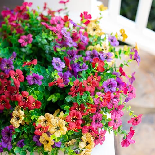 florisso Artificial Flowers for Outdoors Daisy 12 Bundles for Home Decoration, Faux Flower Fake Plants Outside Decoration with Eucalyptus UV Resistant for Planter Porch Patio Yard Garden Colorful - color: Purple Pink Yellow Red
