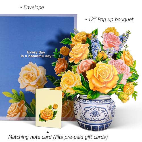 Airpark Pop Up Flower Bouquet Card for Women, 3D Floral Greeting Card with Envelope and Note, Birthday Thank You Thinking of You Get Well Gift for Mom Friend Wife Teacher, Yellow Rose - style: Yellow Roses