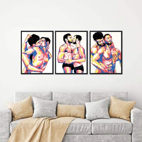 3 Piece Gay Man Kiss Hug Canvas Wall Art for Bedroom Wall Decor Abstract Male Couple Love Posters Adult Men Prints Artwork for Apartment Bathroom Hotel Bar Framed Ready to Hand 16x24inchx3pcs - color: Art08, size: 16x24x3Pcs Black Framed