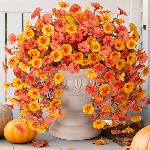 2 PCS Artificial Faux Fall Hanging Flowers Plants for Outdoor Decor,Fake Silk Morning Glory with Eucalyptus UV Resistant Mums for Wall Home Porch Patio Balcony Yard Indoor Decor (Fall Orange+Yellow) - color: Fall Orange+yellow