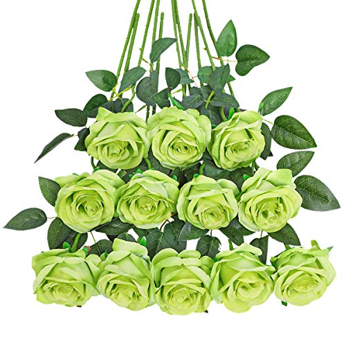 Tifuly Green Roses Artificial Flowers -12Pcs Realistic Single Long Stem Fake Silk Roses Bouquet for Party Home Wedding Centerpiece Hotel Office Decor - color: Green