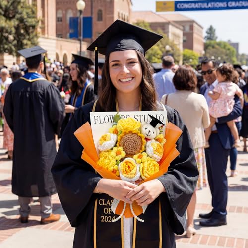 Giegxin Large Graduation Bear Flower Bouquet Set Crochet Graduation Bouquet Gift 2026 Handmade Sunflower Rose Greeting Card Gift Bag for Birthday Teacher Appreciation Grad Party Favor Supplies(Orange)