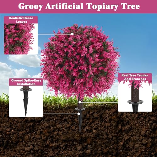 Grooy Artificial Topiary Tree with Pink Eucalyptus, Set of 2 Artificial Shrub Bushes with Ground Spike, Fake Evergreen Tree for Porch, Artificial Plants for Outdoor Planters Indoor UV Resist - color: Pink Eucalyptus