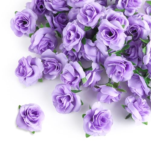 Yinsun 50pcs Mini Purple Roses Artificial Flower Heads, 1.57” Silk Fake Flowers for DIY Wedding Bridal Shower Baby Shower Party Centerpieces Decoration - color: Purple, size: 1.57 Inch