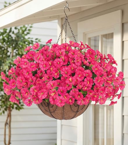 Artificial Fake Hanging Flowers Plants Baskets for Outdoors Spring Summer Decor, Faux Silk Morning Glory in Planter UV Resistant Realistic for Outside Porch Patio Balcony Garden Yard Home, Hotpink - color: Hotpink