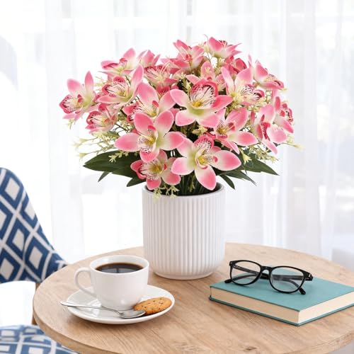 Coreland 12pcs Artificial Flowers Faux Cattleya Flower Bouquet for Vase Table Decorations Silk Flowers for Home Decor DIY Party Wedding Centerpieces Indoor Outdoor Arrangements (Vase not Included) - color: Pink - 12 Pcs