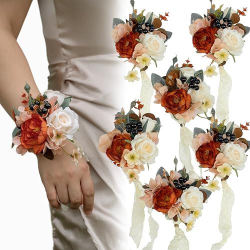 Terracotta Corsages for Wedding(Set of 6),Corsages for Prom,Party Prom Hand Flower Decor,Mother of The Bride Corsage,Bridesmaid Wrist Corsage,Wrist Corsage Bracelets - color: Terracotta