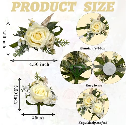 White Ivory Corsage and Boutonniere Set for Bride Groom, Artificial Rose Flowers Wrist Corsage Bracelets Homecoming Flower Prom Suit Accessories Boutonniere for Wedding Prom Party Decorations - color: White