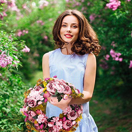 BOMAROLAN Artificial Peony Flower Wreath 19Inch Vintage Blooming Silk Peonies Spring Summer Fall Winter Large Wreaths Flower Green Leaves for Outdoor Front Door Indoor Wedding Wall Or Window Décor - color: Sweetened Bean