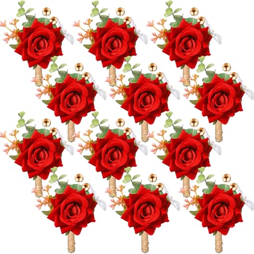 Sherr 12 Pcs Boutonniere for Men Wedding Flower Boutonniere Rose Corsage Set with Pin for Groom Groomsmen Prom Western Wedding Anniversary Dinner Fall Party Decor (Red) - color: Red