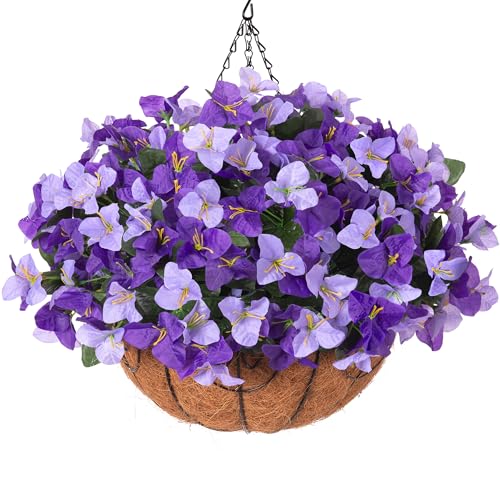 Artificial Hanging Flowers Plant with Basket for Outdoors, Silk Bougainvillea in Planters Faux Hanging Plants for Outdoor Look Real UV Resistant Flower for Outside Porch Patio Garden Home Decor, Mix - color: Dark Purple + Purple