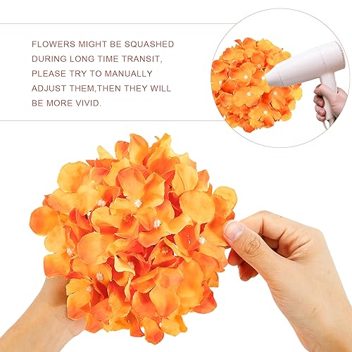 Auihiay 64 PCS Orange Hydrangea Flowers, Silk Hydrangea Artificial Flowers Heads with Stems, Artificial Hydrangea Flowers for Wedding Centerpieces, Home, Garden, Baby Shower Decoration - color: Orange