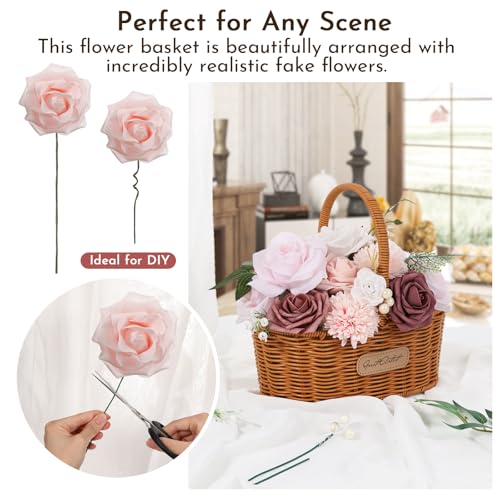 Artificial Flowers Combo Dusty Pink White Roses with Stems Leafs Bouquets Bridal Wedding Shower Decorations Fake Floral for Party Table Centerpieces - color: Wine
