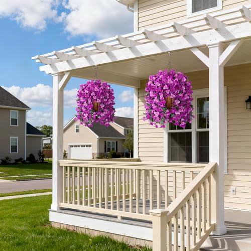 Artificial Fake Hanging Flowers with Basket for Outdoors Decoration, 3PCS Faux Flowers for Outdoor Planters UV Resistant No Fade Silk Bougainvillea for Home Porch Patio Garden Balcony Yard Decor - color: Double Lotus With Basket