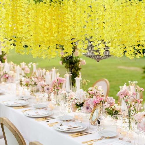 U'Artlines 24 Pack (Total 86.4 Feet) Artificial Fake Wisteria Vine Rattan Hanging Garland Silk Flowers String Home Party Wedding Decor (24,Yellow) - color: Yellow