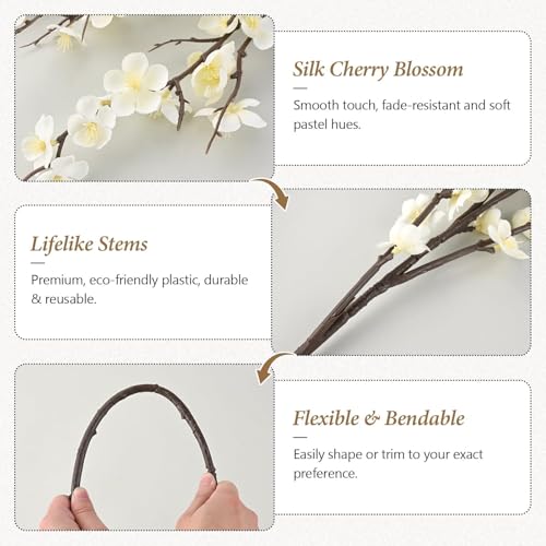 4Pcs Artificial Cherry Blossom Branches Decor, 37.6Inch Faux Spring Summer Flowers, Realistic Long-Stem Artificial Flow Stems for Wedding, Vase Filler, Home, Office Decor, Table Centerpieces (White)