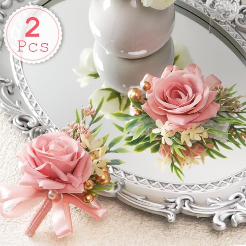2 Pcs Pink Rose Wrist Corsage and Boutonniere Set, Rose Corsage Hand for Women, Boutonniere for Men Wedding Artificial Flowers Accessories Prom Decor, Wedding Party Accessories (Pink) - color: Pink